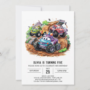 Whimsical Cute Monster Truck Birthday Invitation
