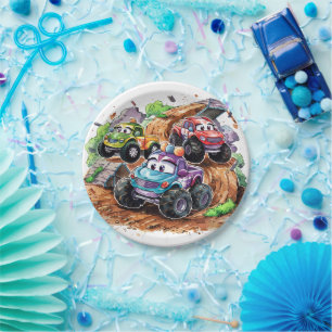 Whimsical Cute Monster Truck Birthday Paper Plates
