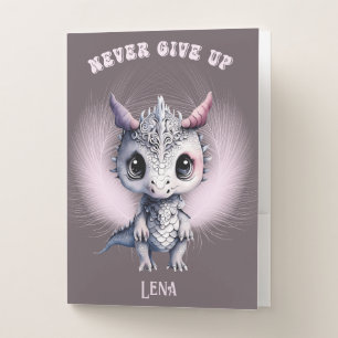 Whimsical Cute "Never Give Up" Feather Dragon Pocket Folder