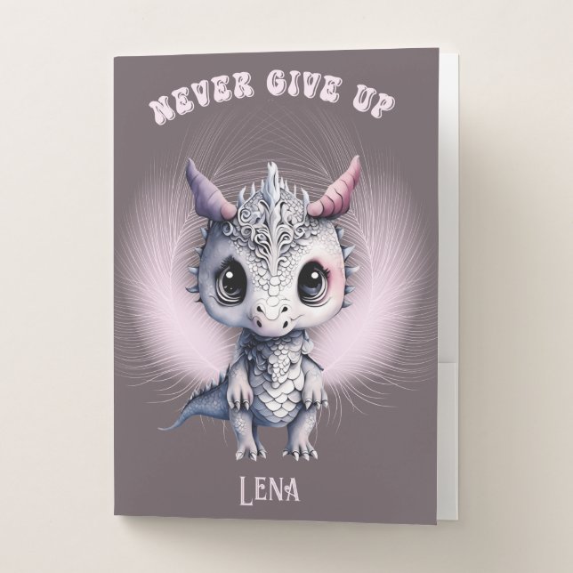 Whimsical Cute "Never Give Up" Feather Dragon  Pocket Folder (Front)