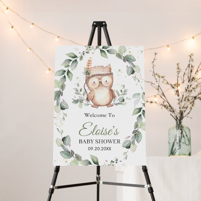 Whimsical Cute Owl Greenery Baby Shower Welcome  Foam Board (In Situ (Stand))