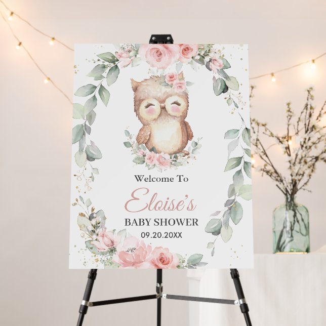 Whimsical Cute Owl Pink Floral Greenery Welcome    Foam Board (In Situ (Stand))