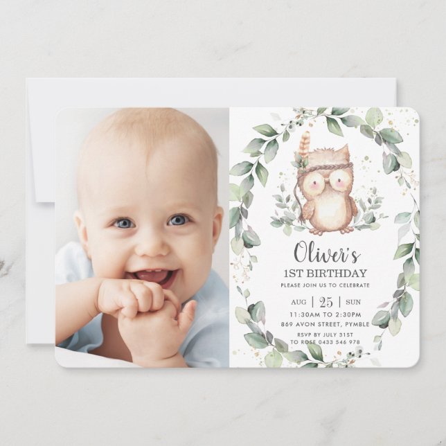Whimsical Cute Owl Rustic Greenery Birthday Photo Invitation (Front)