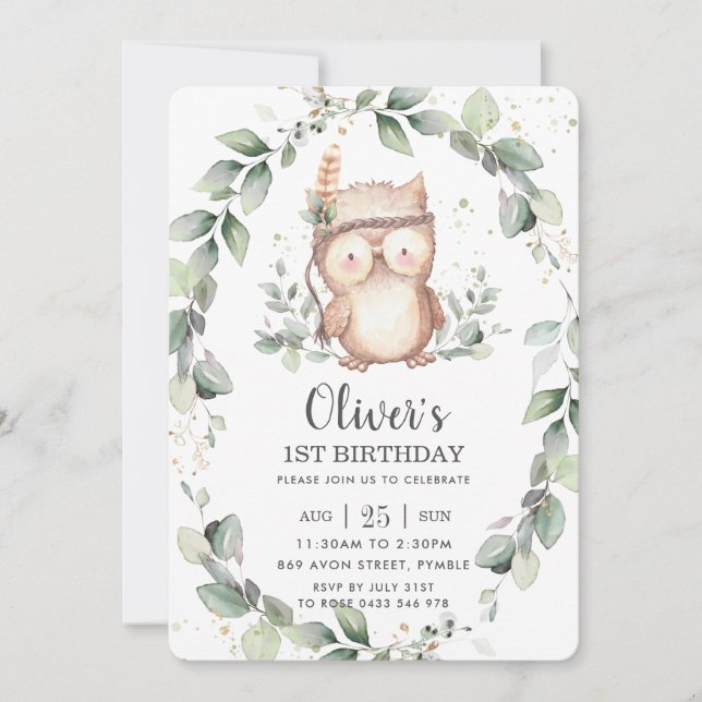 Whimsical Cute Owl Rustic Greenery Leafy Birthday  Invitation (Front)