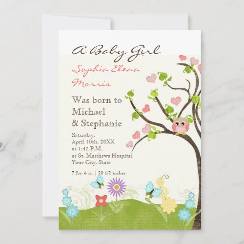 Whimsical Cute Owls Tree of Life Heart Leaf Swirls Announcement