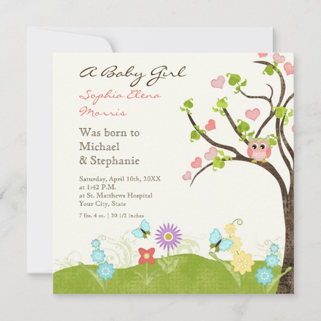 Whimsical Cute Owls Tree of Life Heart Leaf Swirls Announcement (Front)