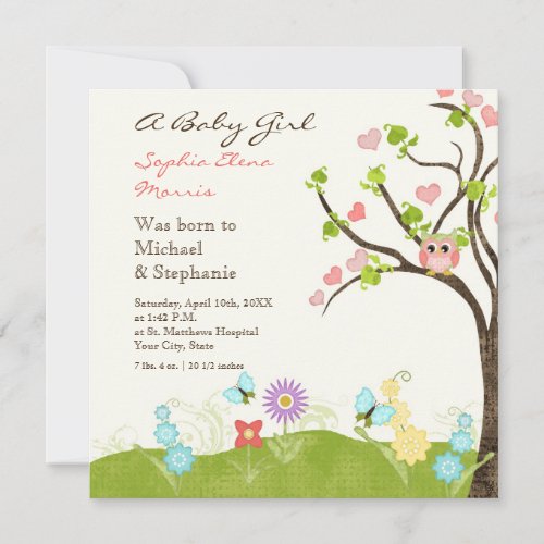 Whimsical Cute Owls Tree of Life Heart Leaf Swirls Announcement