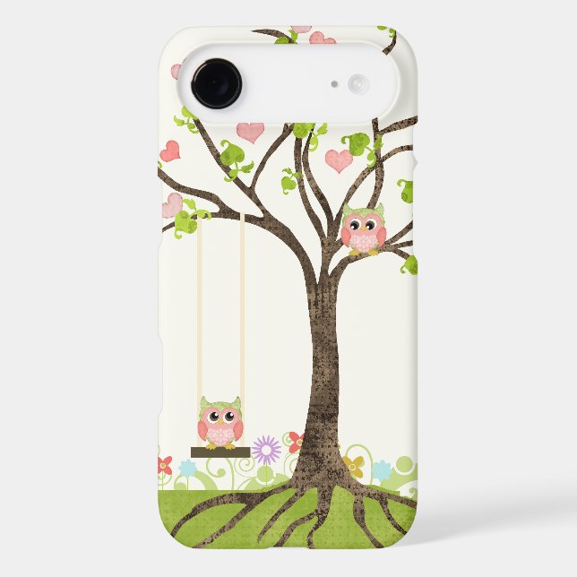 Whimsical Cute Owls Tree of Life Heart Leaf Swirls Case-Mate iPhone Case (Back)