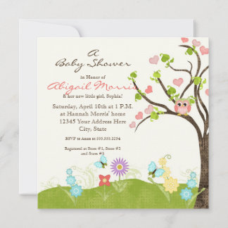 Whimsical Cute Owls Tree of Life Heart Leaf Swirls Invitation