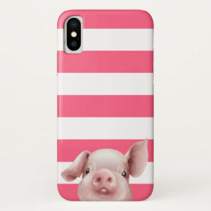Whimsical Cute Pig on Coral Stripes Pattern iPhone X Case