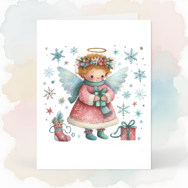 Whimsical Cute Pink and Blue Christmas Angel Card (Creator Uploaded)
