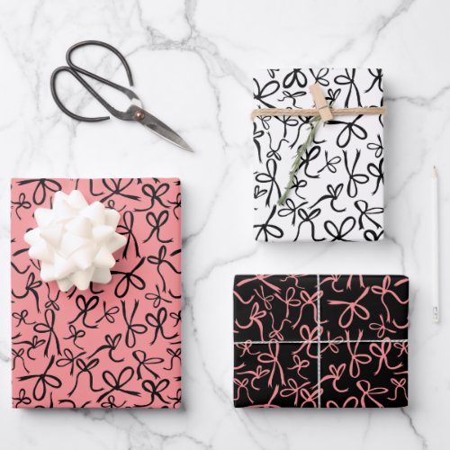 Whimsical Cute Pink Black Bows Pattern Girly Gift Wrapping Paper Sheets
