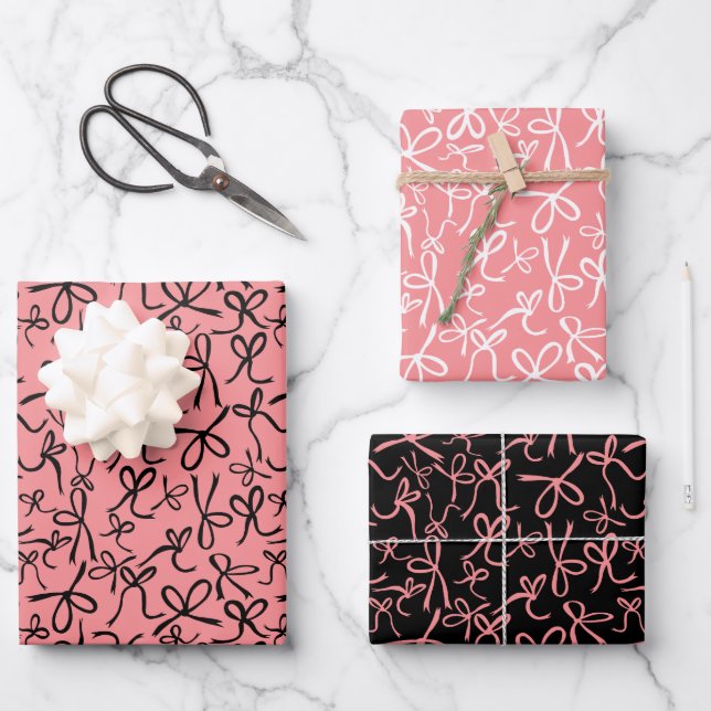 Whimsical Cute Pink Black Bows Pattern Girly Gift Wrapping Paper Sheets (Front)
