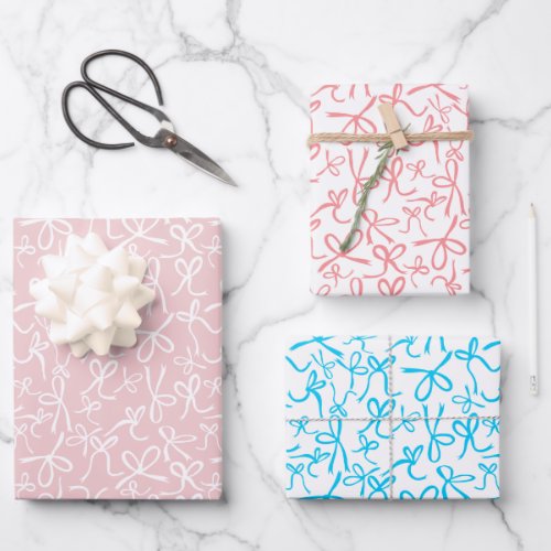 Whimsical Cute Pink Blue Bows Pattern Girly Gift Wrapping Paper Sheets