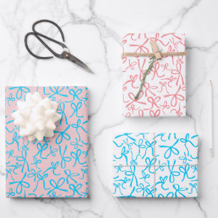 Whimsical Cute Pink Blue Bows Pattern Girly Gift Wrapping Paper Sheets
