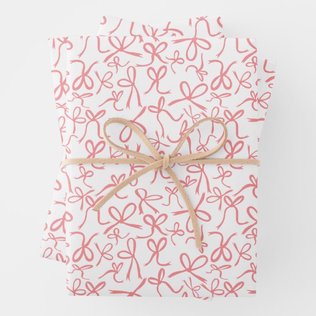 Whimsical Cute Pink Bows Pattern Girly Gift Wrapping Paper Sheets (In situ)
