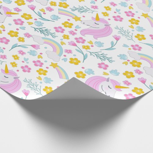 whimsical Cute Pink Unicorn Rainbow Floral Pattern Wrapping Paper
