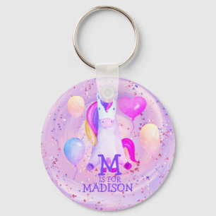 Whimsical Cute Pink Watercolor Unicorn Name Letter Keychain