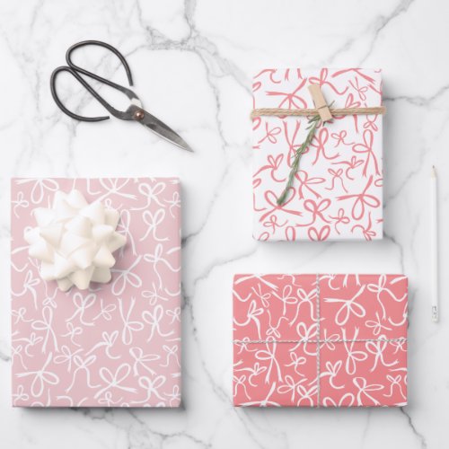 Whimsical Cute Pink White Bows Pattern Girly Gift Wrapping Paper Sheets
