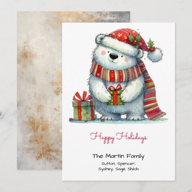 Whimsical Cute Polar Bear in a Santa Hat Happy  Holiday Card (Front/Back)