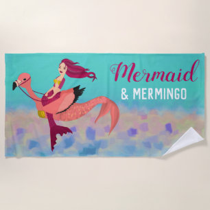 Whimsical Cute Purple Mermaid & Pink Mermingo Beach Towel