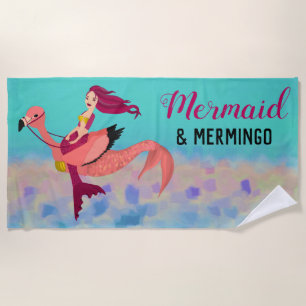 Whimsical Cute Purple Mermaid & Pink Mermingo Beach Towel