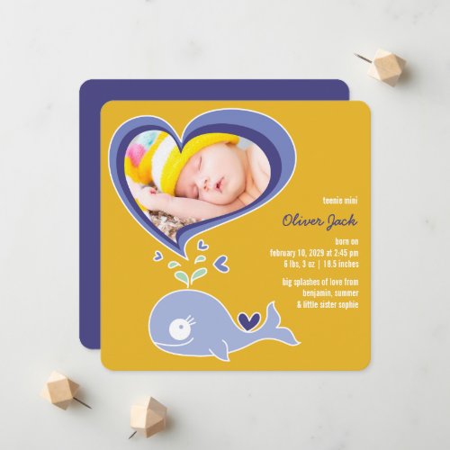 Whimsical Cute Purple Whale Baby Boy Photo Birth Announcement