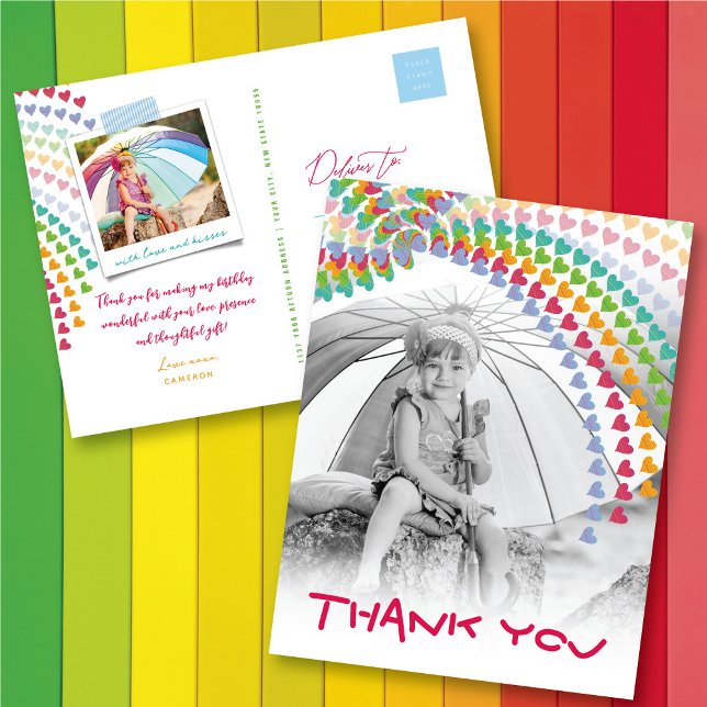 Whimsical Cute Rainbow Hearts Kids Photo Thank You Postcard (Creator Uploaded)