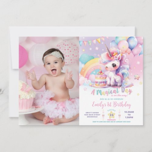 Whimsical Cute Rainbow Unicorn Birthday Picture Invitation