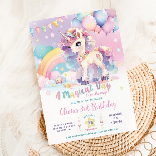 Whimsical Cute Rainbow Unicorn Magical Birthday Invitation