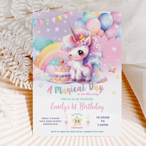 Whimsical Cute Rainbow Unicorn Magical Birthday Invitation