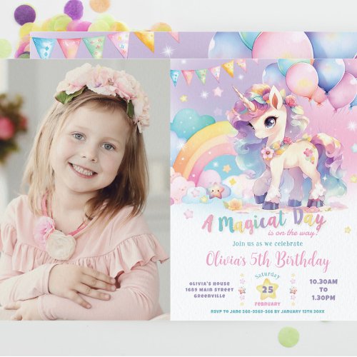 Whimsical Cute Rainbow Unicorn Magical Birthday Invitation