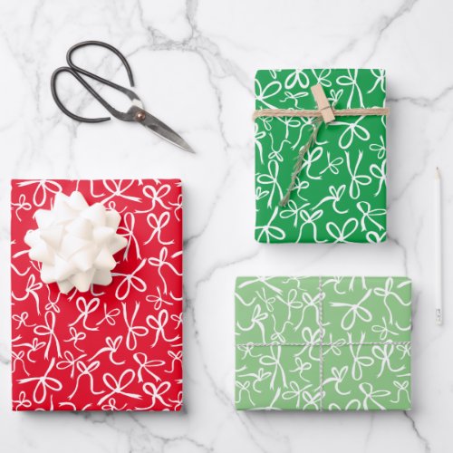 Whimsical Cute Red Green Bows Pattern Xmas Gift Wrapping Paper Sheets