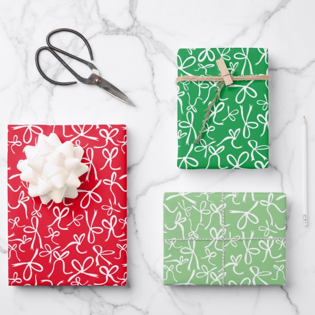 Whimsical Cute Red Green Bows Pattern Xmas Gift Wrapping Paper Sheets (Front)