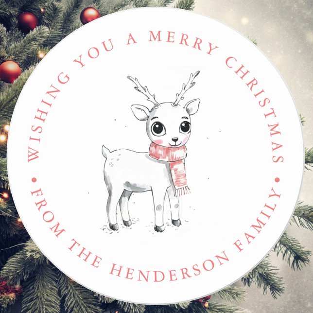 Whimsical Cute Reindeer Christmas Holiday Classic Round Sticker (Creator Uploaded)