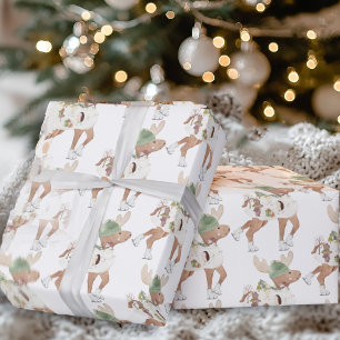 Whimsical Cute Reindeer Ice Skating Christmas Wrapping Paper