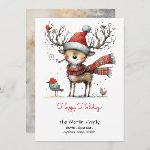 Whimsical Cute Reindeer in a Santa Hat Happy Holiday Card