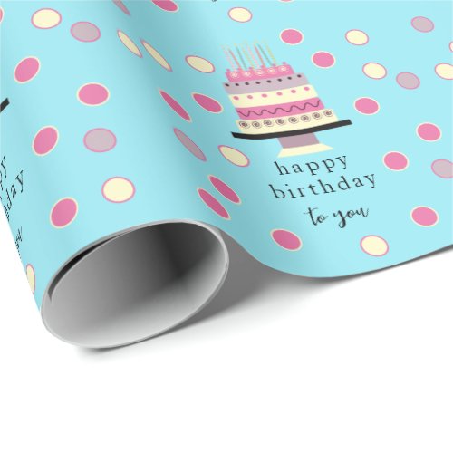 Whimsical Cute Retro Pink Teal Birthday Cake Wrapping Paper