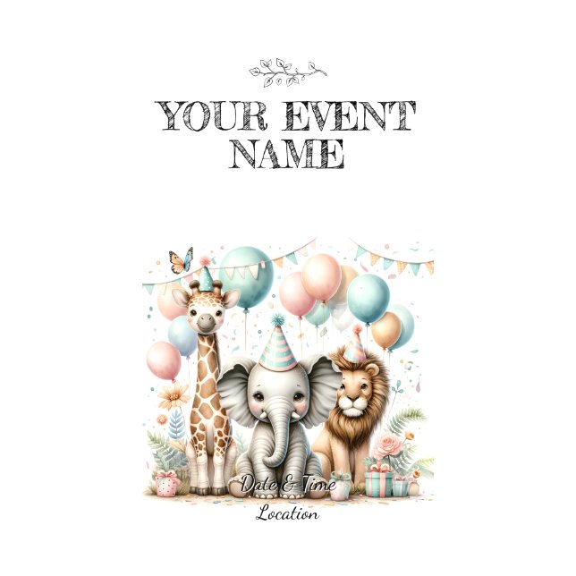 Whimsical Cute Safari Animals Kids Party Digital Templates (Front)
