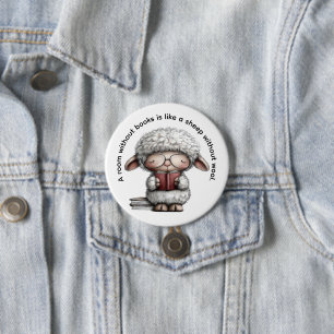 Whimsical Cute Sheep Reading a Book Button