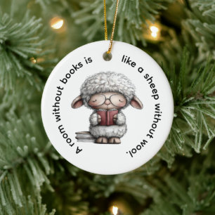 Whimsical Cute Sheep Reading a Book Ceramic Ornament
