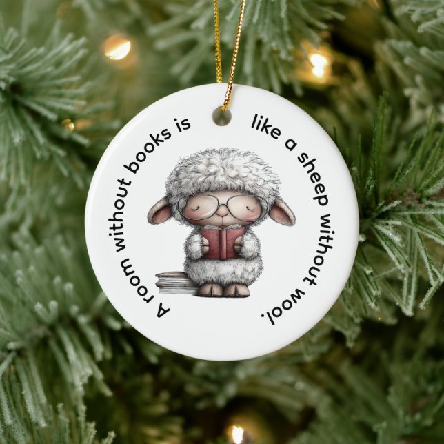 Whimsical Cute Sheep Reading a Book Ceramic Ornament (Tree)