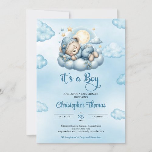 Whimsical cute sleeping teddy bear on cloud gold  invitation