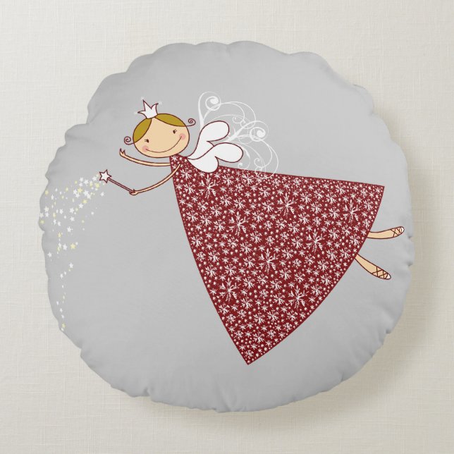 Whimsical Cute Snowflakes Fairy Holiday Christmas Round Pillow (Front)