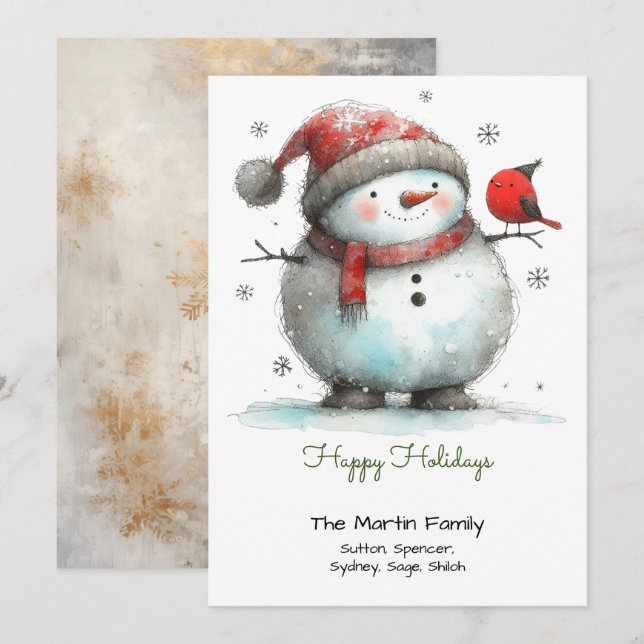 Whimsical Cute Snowman and Red Bird Happy  Holiday Card (Front/Back)