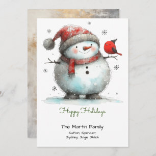 Whimsical Cute Snowman and Red Bird Happy Holiday Card