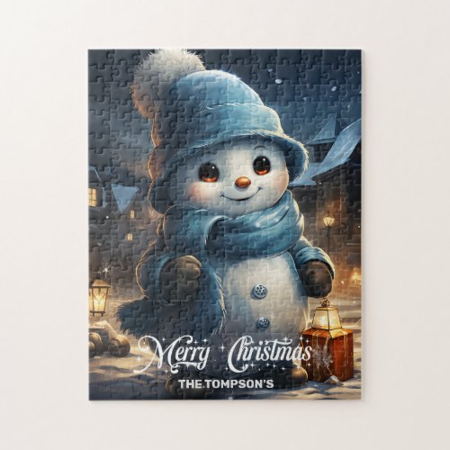 Whimsical cute snowman with Christmas lantern Jigsaw Puzzle