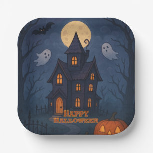 Whimsical Cute Spooky Haunted House   Halloween -  Paper Plates