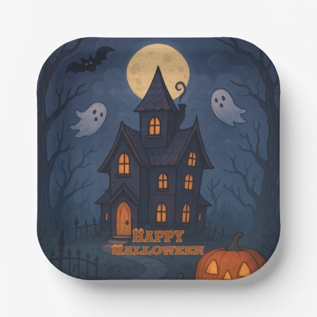 Whimsical Cute Spooky Haunted House | Halloween -  Paper Plates (Front)