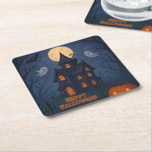 Whimsical Cute Spooky Haunted House Halloween - Square Paper Coaster